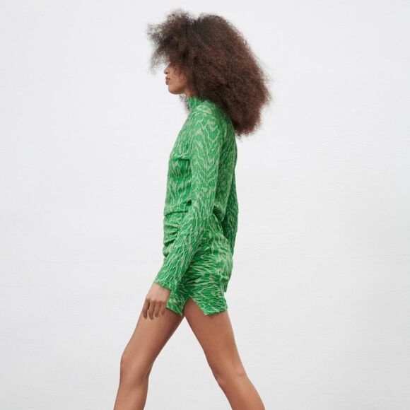 NWOT ZARA Jacquard Ruched Green Zebra Cropped Turtleneck and Skirt Set - Picture 2 of 16